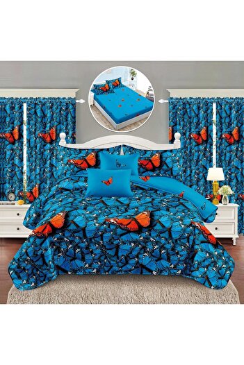 OEM Bedding set, 2 people, fine, 8 pieces, with elastic + 2 curtains, blue, LELD813