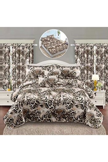 OEM Bedding set, 2 people, finet, 8 pieces, with elastic + 2 curtains, cream and brown, LELD809