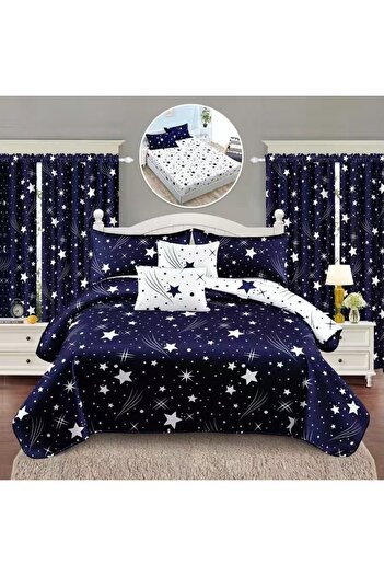 OEM Bedding set, 2 people, fine, 8 pieces, with elastic + 2 curtains, blue and white, LELD806