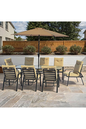 Living Accents 10-Piece Weather Resistant Glass Top Elegant Outdoor Dining Set
