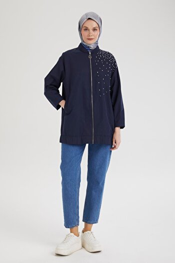 Armine Trend Skirt with Elastic Zipper and Stone Detail Jacket Navy Blue 25Kt518