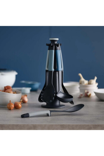 Joseph Joseph 10525 Cooking Utensils, 6pcs, Heat Resistant, Smooth Rotation Stand, No BPA, Gray/Blue