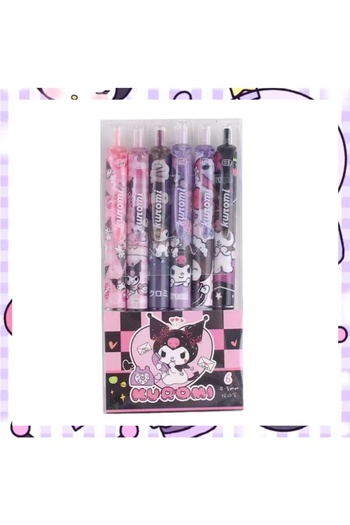 Miniso One Size 6Pcs kuromi Pen 6Pcs/Set Cute Kuromi Gel Pen 0.5mm Black Ink Press Button ST Quick Drying B