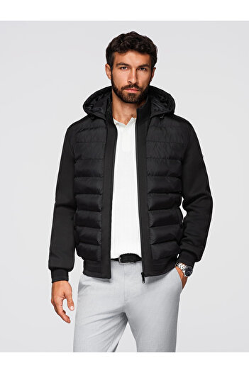 OMBRE Gesteppte Bomberjacke mit Kapuze und Strickärmeln - schwarz V1 OM-JALP-0298 XL