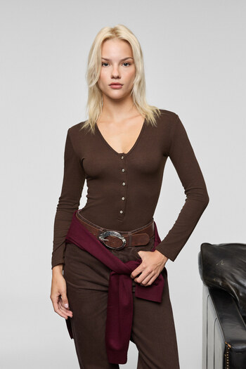 GRIMELANGE Renave Women's Long Sleeve Stretchy Fabric Dark Brown Blouse with Button and Snap Detail