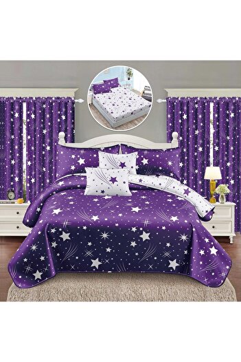 OEM Bedding set, 2 people, fine, 8 pieces, with elastic + 2 curtains, purple and white, LELD812
