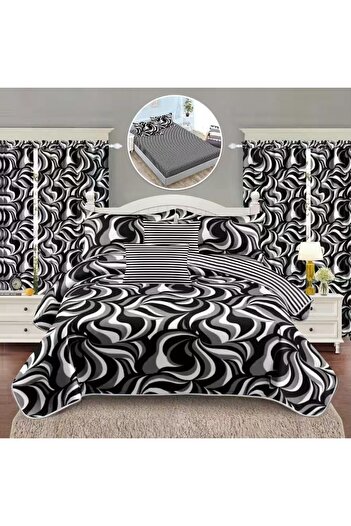 OEM Bedding set, 2 people, fine, 8 pieces, with elastic + 2 curtains, black gray white, LELD818