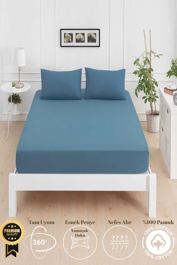 Mislina Home Mirava Premium 100% Cotton Combed Elastic Single Bed Sheet Set (Includes 1 Pillowcase) Indigo Blue