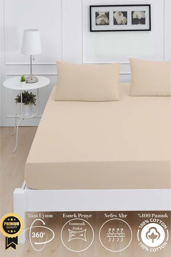 Mislina Home Mirava Premium 100% Cotton Combed Elastic Single Bed Sheet Set (Includes 1 Pillowcase) Beige