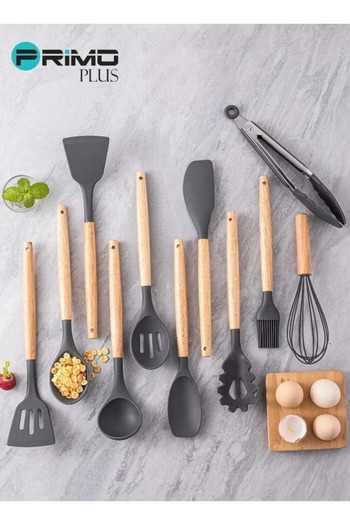 Primo Plus 11-Piece Non-Stick Silicone Cookware Set with Wooden Handle (Black)
