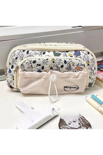 Miniso A Snoopy Pencilcase Multi Layer Canvas Drawstring Pen Bag Kawaii Cartoon Stationery Storage Bag Stu.
