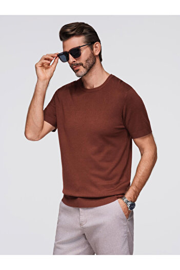 OMBRE Men's classic knitted shirt with ribbed cuffs - warm brown V4 OM-TSCT-0252 M