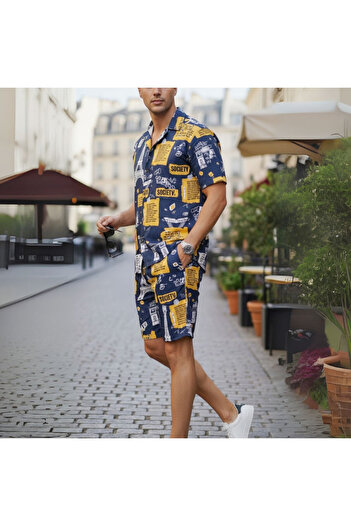 Muchmy Men 2 Pieces Set Top and Shorts Printed Cotton Blend Casual Outing two Pcs Set