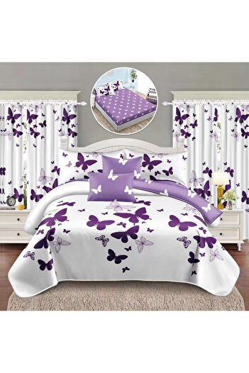 OEM Bedding set, 2 people, fine, 8 pieces, with elastic + 2 curtains, white and purple, LELD804