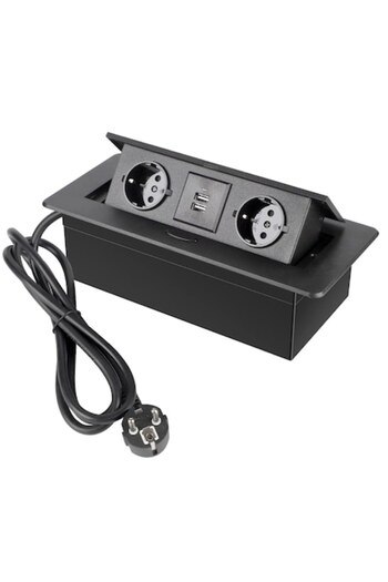 EBA Built-In Power Socket for Kitchen Counter, Desk, or Table with 2 USB Ports and 2 Schuko Sockets, Bla