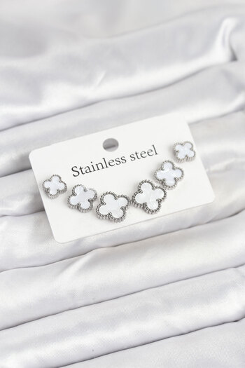 SeyCey.co 316L Steel Silver White Color 3 Sizes Clover Earrings Set