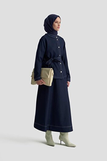 Armine TREND Belted Snap Fastener Biscuit Collar Skirt Suit Indigo 25KT607