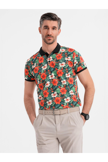 OMBRE Bavlněné polo tričko s květinovým potiskem - černé V2 OM-POSS-0149 XL
