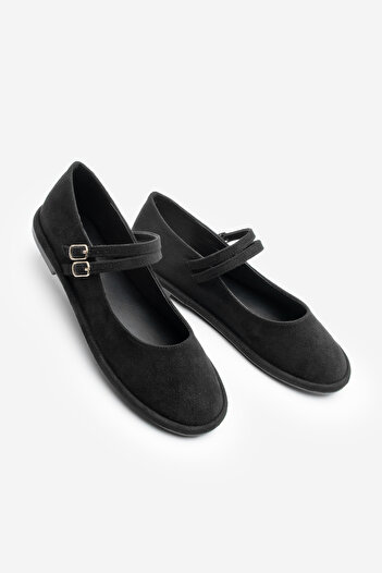 Marjin Women's Double Strap Buckle Suede Ballerinas Benus Black Suede