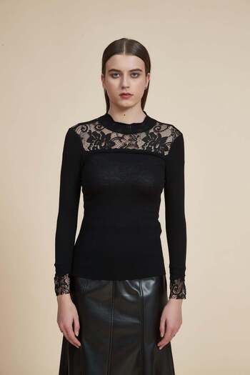 Yola Solid High Neck Long Sleeve Top with Lace Details