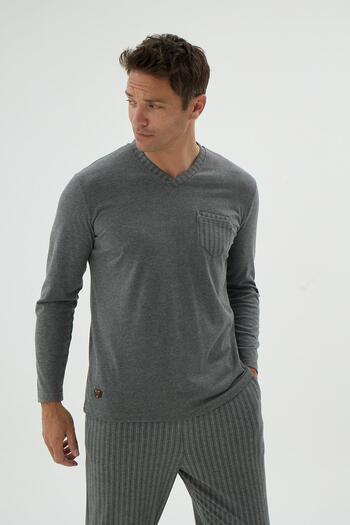 Sevim Men's Long Sleeve V-Neck Pocket Detailed Striped Bottom Anthracite Pajama Set C0T2N69