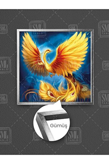 SML TABLO Pictură pe pânză pătrată înrămată cu înrămare, cu pasăre Simurg galbenă, artă, mitologie, smarald, Phoenix
