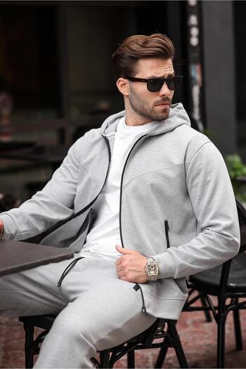 Madmext Gray Hooded Relaxed Fit Men's Tracksuit Set E7330