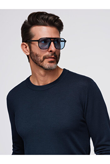 OMBRE Men's sweater with round neckline in stretch knit with classic weave - navy blue V1 OM-SWSW-0183 M