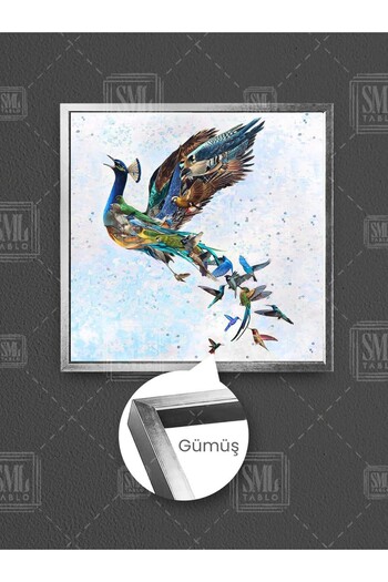 SML TABLO Simurg Bird and His Chicks in His Tail Emerald Phoenix Framed Square Canvas Painting