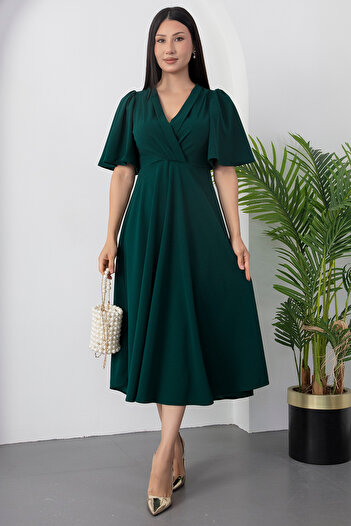 PULLIMM Double Breasted Neckline Flounce Sleeve Crepe Dress Grs3707