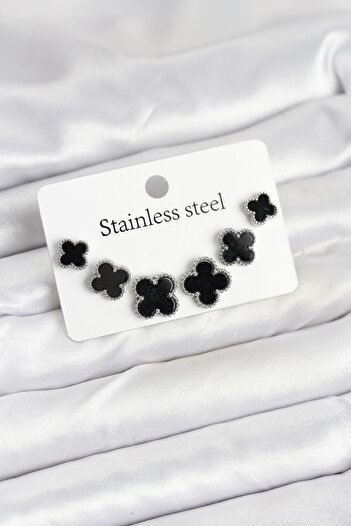 SeyCey.co 316L Steel Silver Black Color 3 Sizes Clover Earrings Set