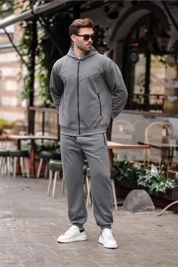 Madmext Anthracite Hooded Relaxed Fit Men's Tracksuit Set E7330