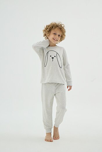 Sevim Boy's Long Sleeve Grey Melange Patterned Pajama Set C1T6N98