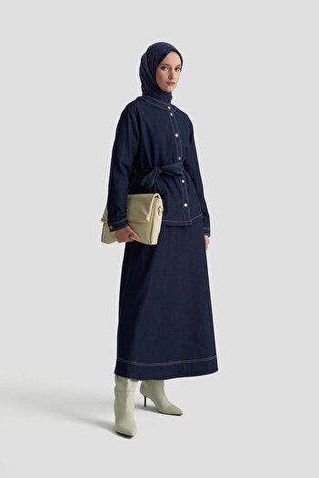 Armine TREND Belted Snap Fastener Biscuit Collar Skirt Suit Indigo 25KT607