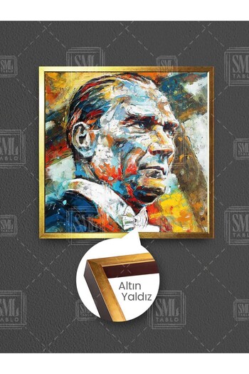 SML TABLO Mustafa Kemal Atatürk Charismatic Gaze Portrait Modern Portrait Framed Square Canvas Painting