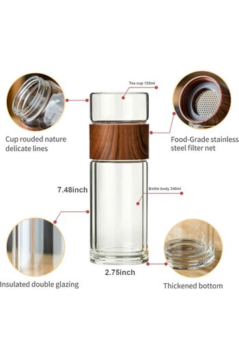 COOYA Glass Tea Infuser,300ml with Strainer Tea Tumbler,Leakproof,for Loose Leaf Flower Herbal Tea Bags
