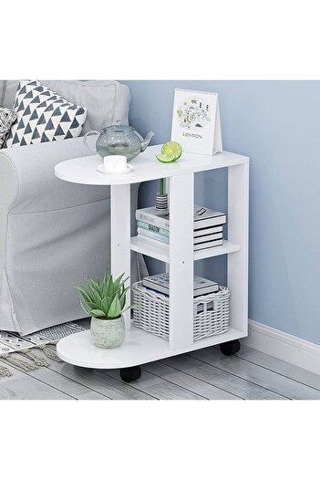 COOYA Modern Sofa Side Table, With Swivel Wheels, 3 Open Storage Shelves, for Living Room, White