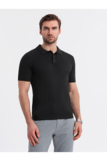 OMBRE Pánské polo tričko SLIM FIT s vertikálními pruhy z viskózy - černé V1 OM-POSS-0143 XXL
