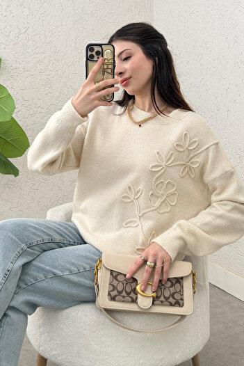 Salih Çelebi Süzene Embroidered Knitwear Sweater 70056 - Ekru