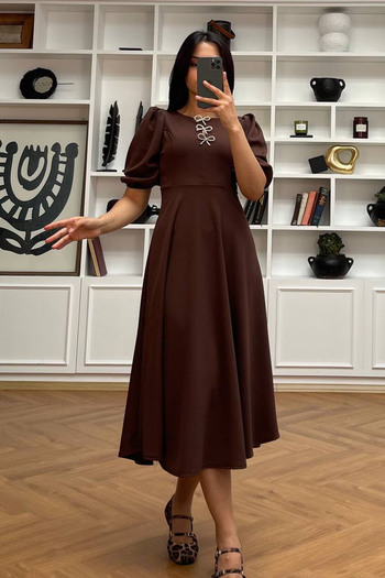 Neşeli Butik Women's Ribbon Detailed Midi Length Balloon Sleeve Dress Nbmy3578