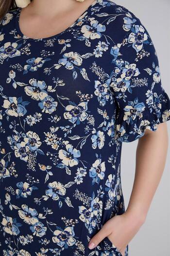 wearon tekstil Wearon Women's Dora Plus Size Flared White Daisies Navy Blue Dress