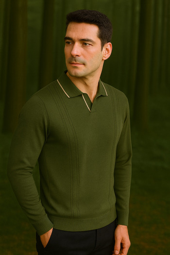 Maccali Men's Polo Neck Striped Basic Loose Khaki Winter Sweater