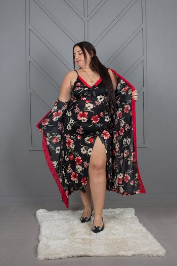 Truva XXL Plus Size Floral Pattern Silk Combed Cotton Nightgown Dressing Gown Set
