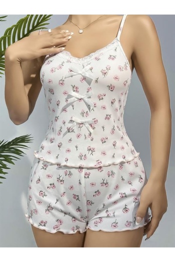 Morliva Cotton White Floral Patterned Ribbed Strap Shorts Pajama Set