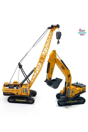 Brother Toys Büyük Boy Vinç + Büyük Boy Kepçe Ekskavatör Oyuncak Kırılmaz İş İnşaat Makinesi 30 Cm.
