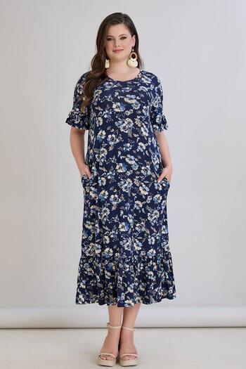wearon tekstil Wearon Women's Dora Plus Size Flared White Daisies Navy Blue Dress