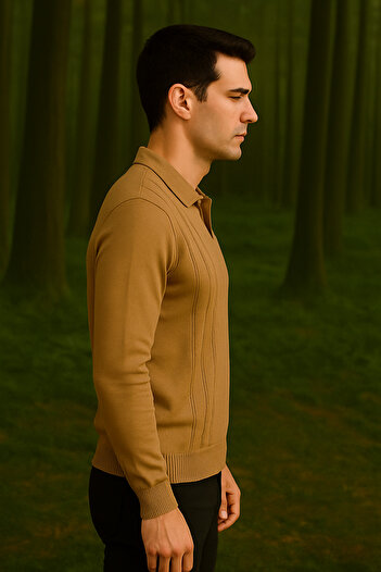 Maccali Men's Polo Neck Striped Basic Loose Brown Winter Sweater