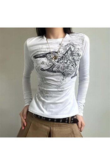 Karakedi Gothic Punk Patterned Long Sleeve White Bodysuit