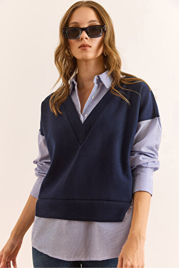 Olalook Women's Navy Blue Thessaloniki Shirt Detailed Comfortable Fit Blouse Blz-19003111