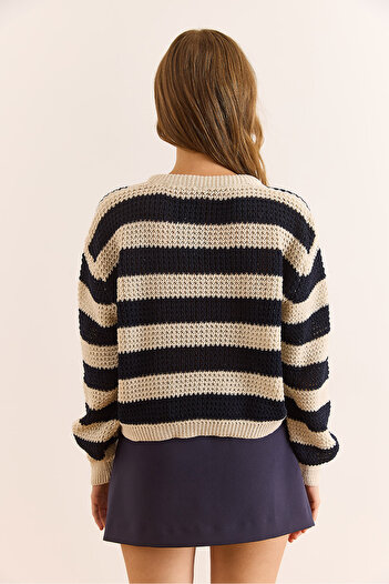 Olalook Women's Dark Navy Blue Thick Striped Seasonal Knitwear Cardigan Hrk-19000403